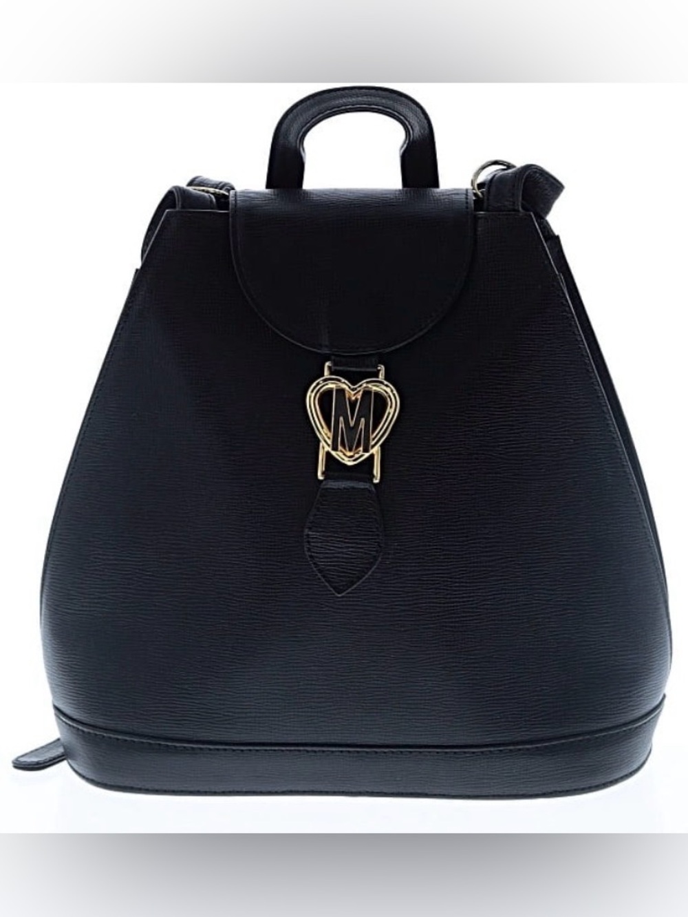 Moschino Black Textured Leather Backpack Purse Gold Heart Logo Mini Designer Bag